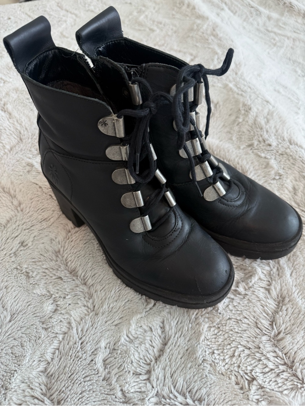 Fly London Black Combat Boot 3” Chunky Heel Platform Military Moto Sz 37 7-7.5US